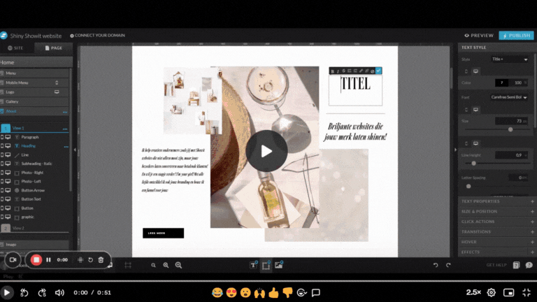 Een video gif van het Showit webdesign platform en hoe eenvoudig De Ruwe Diamant Webdesign een website ontwerpt